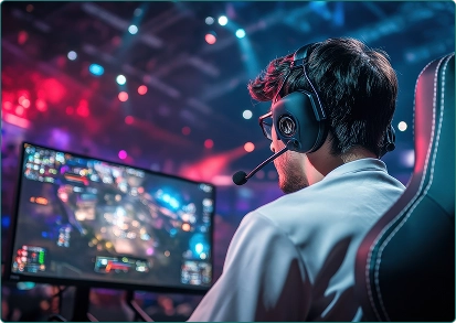 A equipe de jogadores de e-sports está sentada em frente aos computadores participando do torneio.