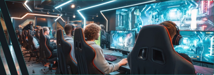 Uma sala iluminada com computadores e jogadores nos bastidores.