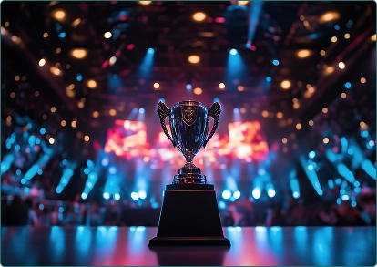 A grande taça dourada está ao fundo de uma grande arena iluminada por holofotes brilhantes.
