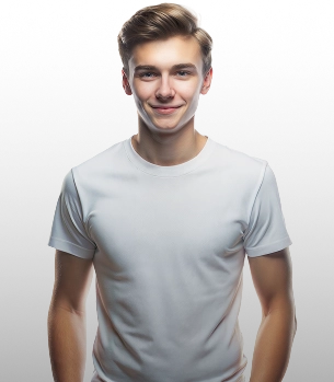 Um jovem com uma camiseta branca e cabelo claro está de pé com as mãos nos bolsos.