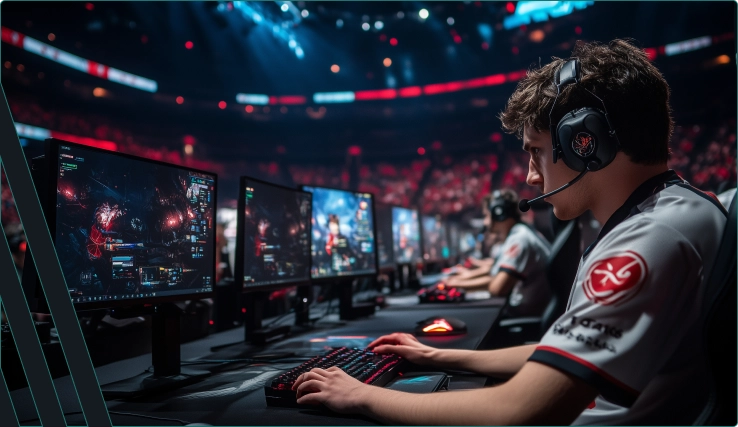 Uma equipe de jogadores de esports participa de um torneio em uma grande arena para computadores.