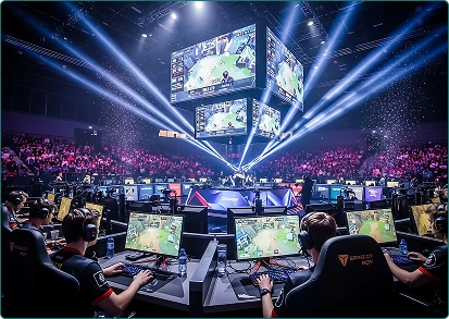 Grande salão com telas no teto, muitas pessoas assistindo a jogadores de e-sports.