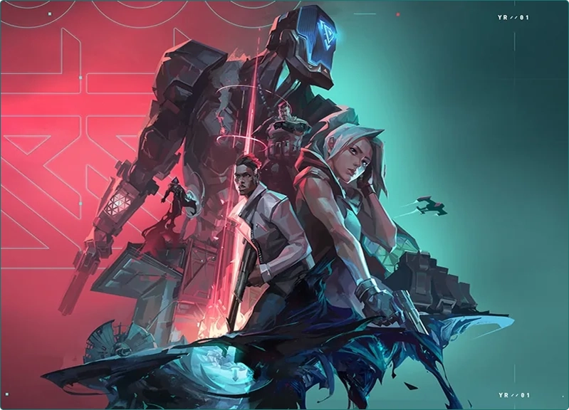Os personagens do jogo Valorant estão em pé sobre um fundo vermelho e verde.