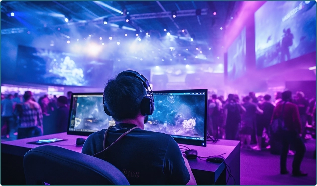 Um homem está sentado atrás do computador, de costas para nós, jogando um jogo.